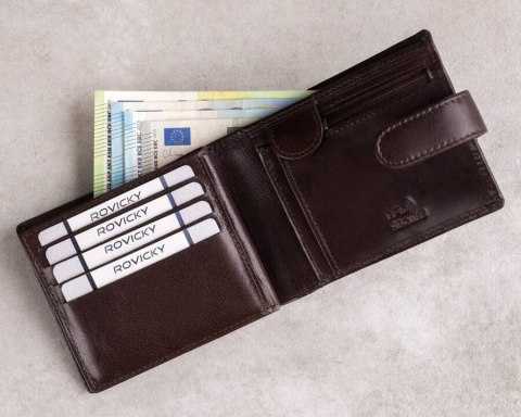 Skórzany portfel męski z systemem RFID zamykany na zatrzask - Rovicky Skórzany portfel męski z systemem RFID zamykany na zatrzask - Rovicky