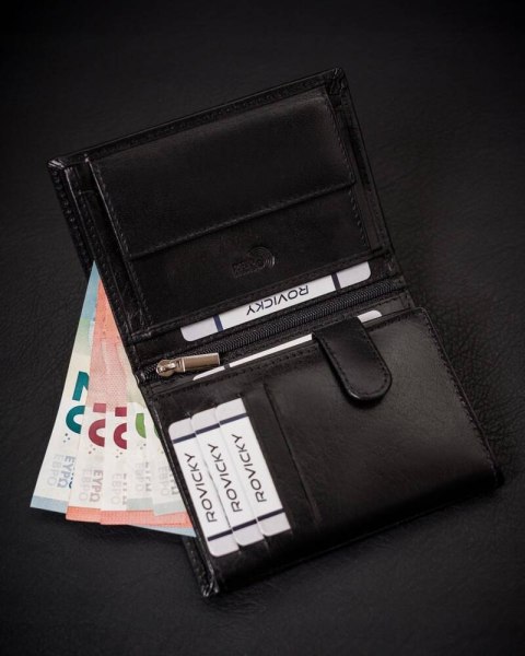 Rozbudowany portfel męski ze skóry naturalnej z systemem RFID - Rovicky Rozbudowany portfel męski ze skóry naturalnej z systemem RFID - Rovicky