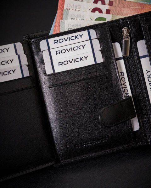 Rozbudowany portfel męski ze skóry naturalnej z systemem RFID - Rovicky Rozbudowany portfel męski ze skóry naturalnej z systemem RFID - Rovicky