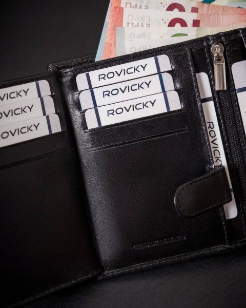 Rozbudowany portfel męski ze skóry naturalnej z systemem RFID - Rovicky Rozbudowany portfel męski ze skóry naturalnej z systemem RFID - Rovicky