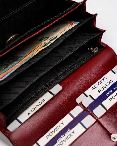 Duży, skórzany portfel damski na zatrzask z systemem RFID - Rovicky Duży, skórzany portfel damski na zatrzask z systemem RFID - Rovicky