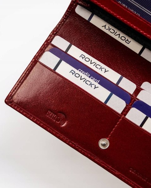 Duży, skórzany portfel damski na zatrzask z systemem RFID - Rovicky Duży, skórzany portfel damski na zatrzask z systemem RFID - Rovicky