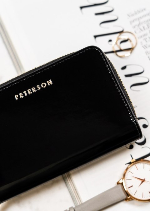 Lakierowany portfel damski czarny na suwak z RFID - Peterson Lakierowany portfel damski czarny na suwak z RFID - Peterson