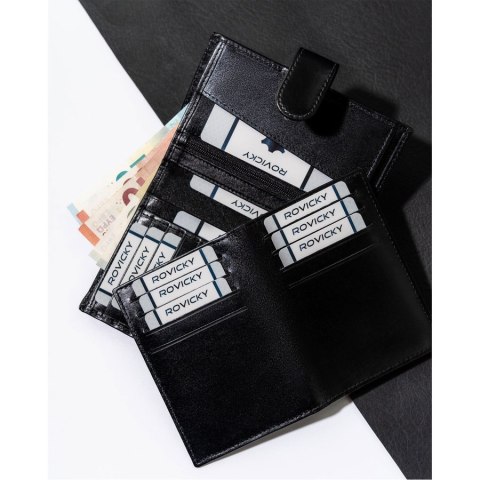 Skórzany, czarny portfel męski z zapięciem i systemem RFID - Rovicky