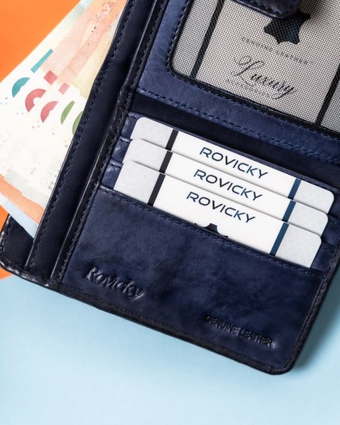 Granatowy portfel damski na dokumenty i karty z RFID - Rovicky Granatowy portfel damski na dokumenty i karty z RFID - Rovicky