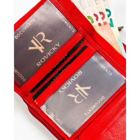 Czerwony, skórzany portfel damski na zatrzask z systemem RFID - Rovicky