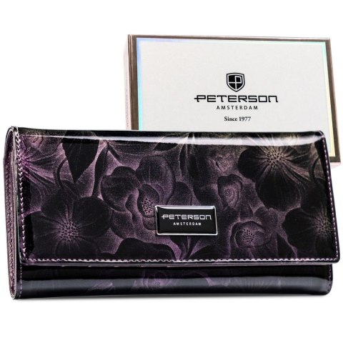 Elegancki, lakierowany, fioletowy portfel damski w kwiaty RFID STOP Peterson