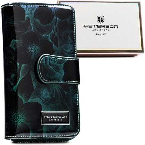Elegancki, lakierowany zielony portfel damski w kwiaty Peterson