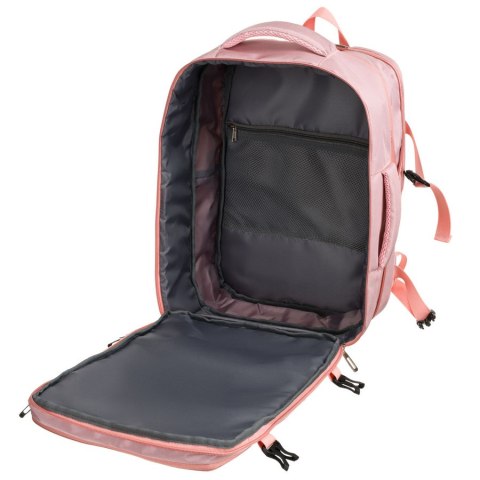 Plecak z miejscem na laptopa wykonany z cordury w różowym kolorze, zawieszony na regulowanych szelkach - Peterson