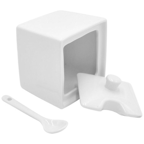 Cukiernica cukierniczka porcelanowa biała kwadratowa pojemnik na cukier z łyżeczką