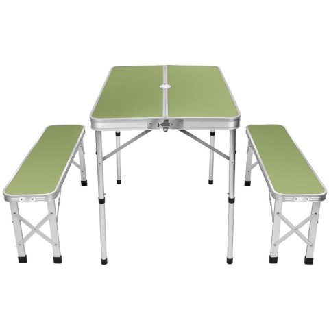 STOLIK TURYSTYCZNY SKŁADANY KEMPINGOWY 90x60x70CM I 2 ŁAWKI 87x23x39CM ZIELONY STOLIK TURYSTYCZNY SKŁADANY KEMPINGOWY 90x60x70CM I 2 ŁAWKI 87x23x39CM ZIELONY