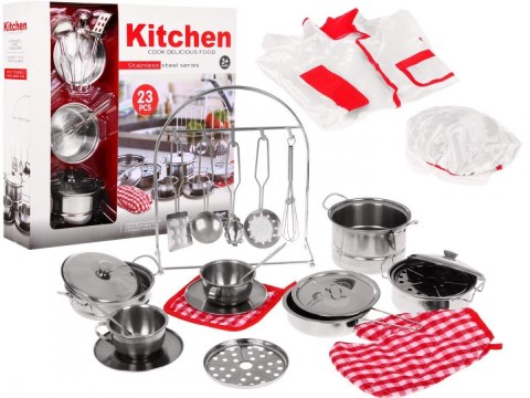 Zestaw Szefa kuchni dla dzieci 3+ Garnki + Przybory kuchenne + Strój kucharza + Akcesoria 23 el. Zestaw Szefa kuchni dla dzieci 3+ Garnki + Przybory kuchenne + Strój kucharza + Akcesoria 23 el.