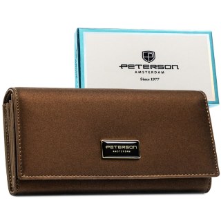 Portfel damski ze skóry naturalnej i ekologicznej w brązowym kolorze, wyposażony w system RFID - Peterson
