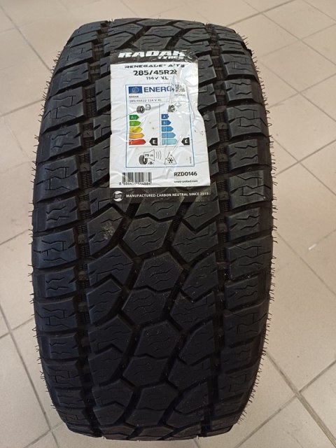 WYPRZEDAŻE. 1 szt. Opona RADAR 285/45R22 RENEGADE AT-5 114V XL TL #E M+S 3PMSF RZD0146 - problem z wyważeniem DO