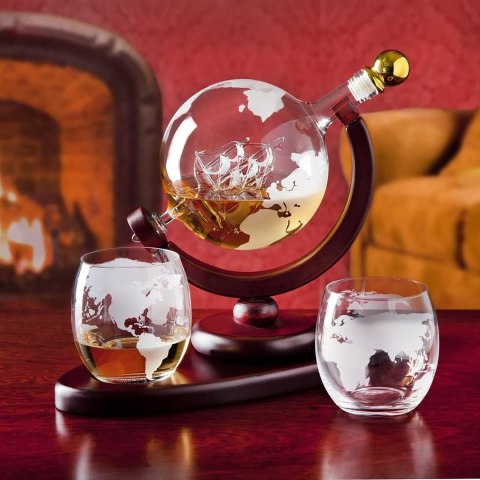 GRAWEROWANA KARAFKA DO WHISKY DOZOWNIK GLOBUS + 2 SZKLANKI GRAWEROWANA KARAFKA DO WHISKY DOZOWNIK GLOBUS + 2 SZKLANKI
