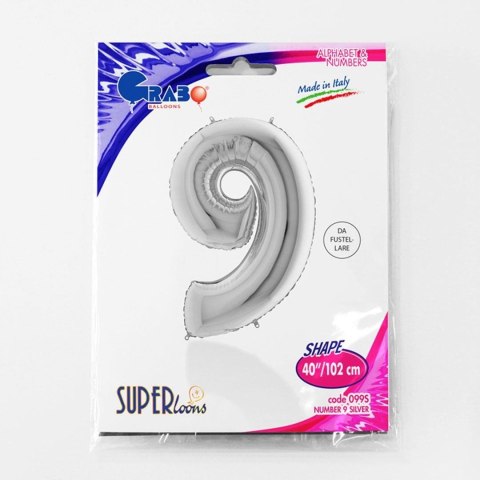 Balon foliowy Cyfra 9 Srebrna - 102 cm Grabo Balon foliowy Cyfra 9 Srebrna - 102 cm Grabo