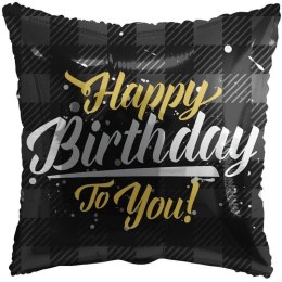 Balon Foliowy poduszka, czarny urodzinowy Happy Birthday, 46 cm
