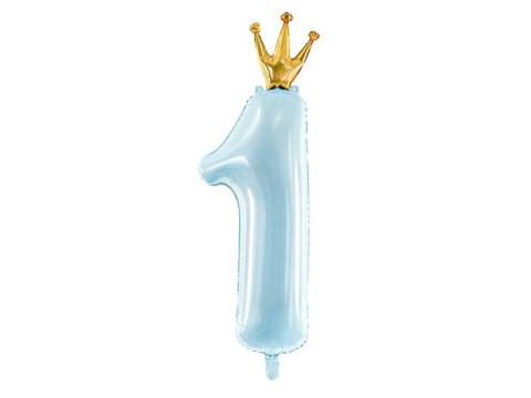 Balon foliowy Cyfra 1 z koroną, błękit, 90cm Balon foliowy Cyfra 1 z koroną, błękit, 90cm