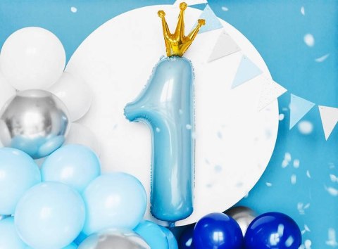 Balon foliowy Cyfra 1 z koroną, błękit, 90cm Balon foliowy Cyfra 1 z koroną, błękit, 90cm