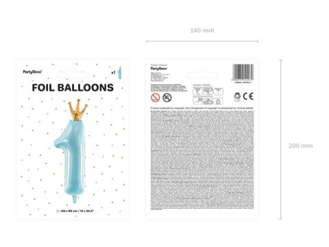 Balon foliowy Cyfra 1 z koroną, błękit, 90cm Balon foliowy Cyfra 1 z koroną, błękit, 90cm