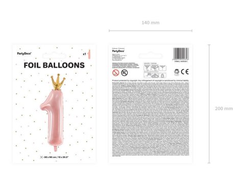 Balon foliowy Cyfra 1 z koroną, jasny różowy, 90cm Balon foliowy Cyfra 1 z koroną, jasny różowy, 90cm