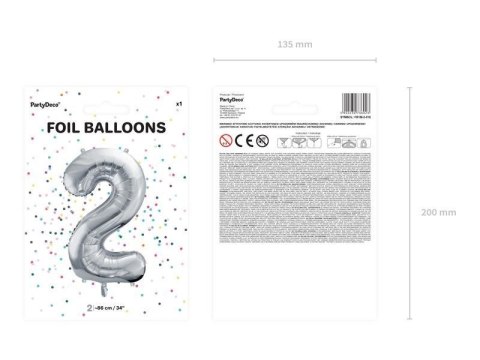 Balon foliowy Cyfra 2 srebrna, 86cm Balon foliowy Cyfra 2 srebrna, 86cm