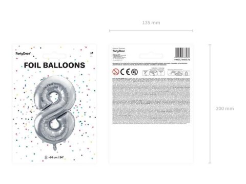 Balon foliowy Cyfra 8 srebrna, 86cm Balon foliowy Cyfra 8 srebrna, 86cm
