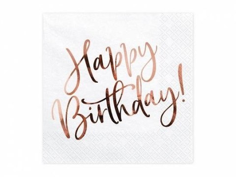 Serwetki urodzinowe, Happy Birthday, białe z napisem Rose Gold, 33 x 33 cm Serwetki urodzinowe, Happy Birthday, białe z napisem Rose Gold, 33 x 33 cm