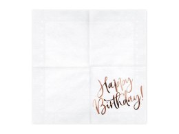 Serwetki urodzinowe, Happy Birthday, białe z napisem Rose Gold, 33 x 33 cm