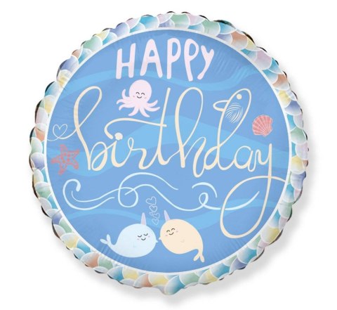 Balon urodzinowy okrągły Happy Birthday narwal morski świat 46cm Balon urodzinowy okrągły Happy Birthday narwal morski świat 46cm