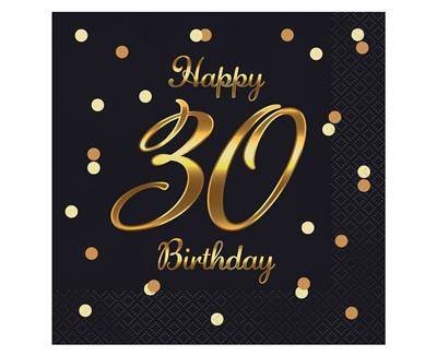 Serwetki urodzinowe Happy 30 Birthday czarne, 33 cm 20 sztuk Serwetki urodzinowe Happy 30 Birthday czarne, 33 cm 20 sztuk