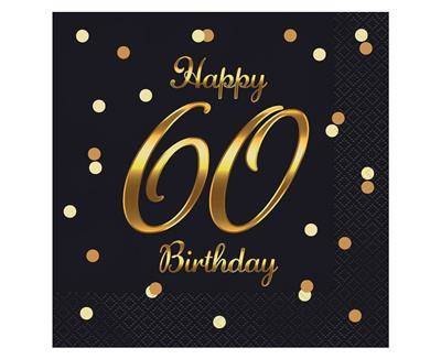 Serwetki urodzinowe Happy 60 Birthday czarne, 33 cm 20 sztuk Serwetki urodzinowe Happy 60 Birthday czarne, 33 cm 20 sztuk