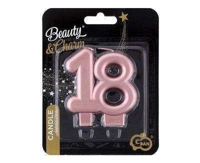 Świeczka liczba 18 urodziny, metalik różowo-złota, 8 cm Świeczka liczba 18 urodziny, metalik różowo-złota, 8 cm
