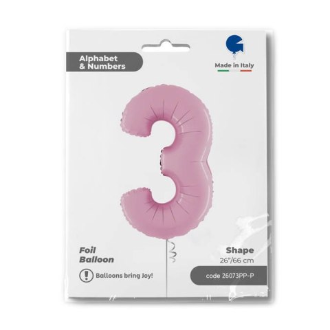 Balon Foliowy Cyfra 3 Różowa Pastel Pink, 66 cm Grabo Balon Foliowy Cyfra 3 Różowa Pastel Pink, 66 cm Grabo