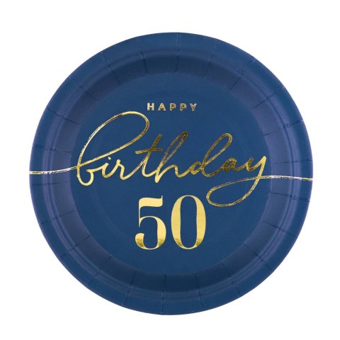 Talerzyk papierowy Happy Birthday 50, granatowy 18cm 6szt. Talerzyk papierowy Happy Birthday 50, granatowy 18cm 6szt.