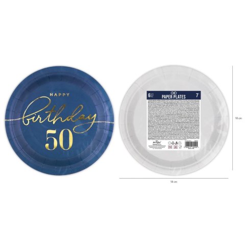 Talerzyk papierowy Happy Birthday 50, granatowy 18cm 6szt. Talerzyk papierowy Happy Birthday 50, granatowy 18cm 6szt.