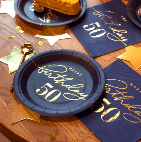 Talerzyk papierowy Happy Birthday 50, granatowy 18cm 6szt. Talerzyk papierowy Happy Birthday 50, granatowy 18cm 6szt.