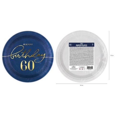 Talerzyk papierowy Happy Birthday 60, granatowy 18cm 6szt. Talerzyk papierowy Happy Birthday 60, granatowy 18cm 6szt.