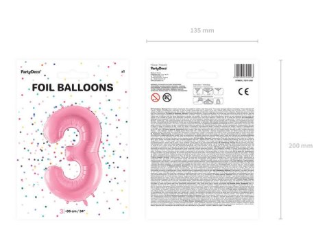 Balon foliowy Cyfra 3, 86cm, różowy Balon foliowy Cyfra 3, 86cm, różowy