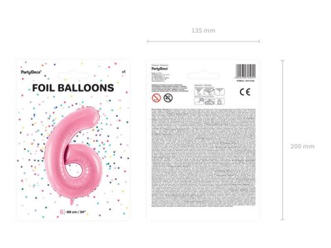 Balon foliowy Cyfra 6, 86cm, różowy Balon foliowy Cyfra 6, 86cm, różowy