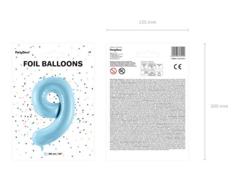 Balon foliowy Cyfra 9, 86cm, jasny niebieski Balon foliowy Cyfra 9, 86cm, jasny niebieski