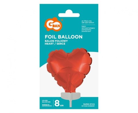 Balon Foliowy Serce na Patyczku 8 cm, Czerwony, Walentynki Balon Foliowy Serce na Patyczku 8 cm, Czerwony, Walentynki