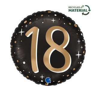Balon Foliowy, okrągły, 18 urodziny, osiemnastka, czarno- złoty, - 46 cm