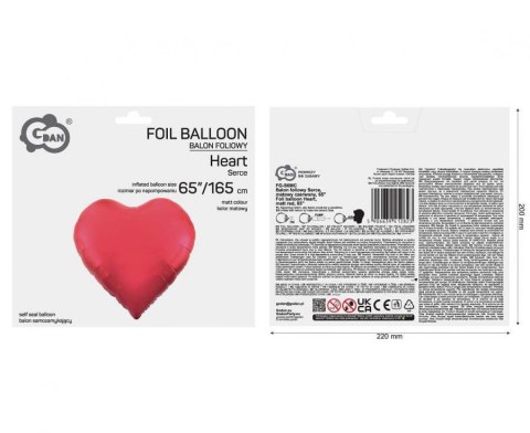 Balon foliowy Serce, matowy czerwony, 65"/165 cm Balon foliowy Serce, matowy czerwony, 65"/165 cm