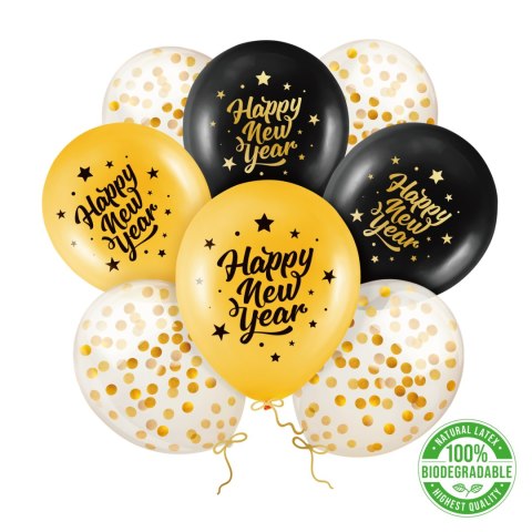 Balony biodegradowalne zestaw Happy New Year czarno-złote 8szt. Balony biodegradowalne zestaw Happy New Year czarno-złote 8szt.