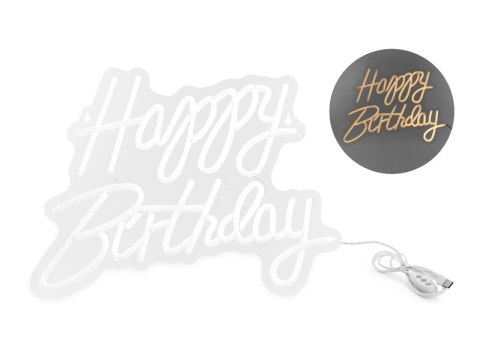 Neon LED „Happy Birthday" napis urodzinowy, biały, ciepła biel Neon LED „Happy Birthday" napis urodzinowy, biały, ciepła biel