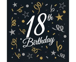 Serwetki urodzinowe 18th Birthday czarne, 33 cm 20 sztuk