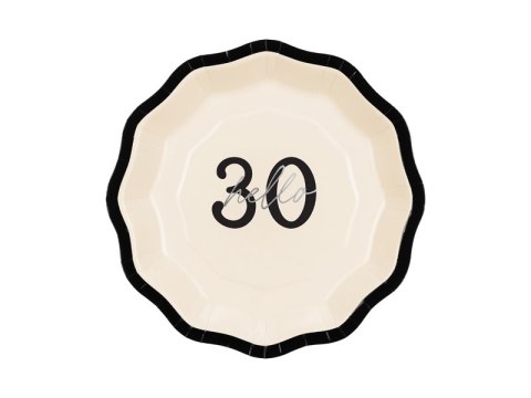 Talerzyki papierowe ''Hello 30'' trzydziestka, 18 cm, 6szt Talerzyki papierowe ''Hello 30'' trzydziestka, 18 cm, 6szt