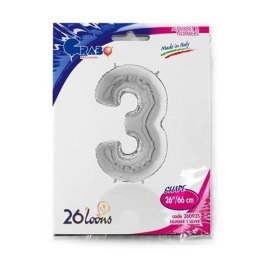 Balon Foliowy Cyfra 3, Srebrna, 66 cm Grabo