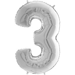 Balon foliowy Cyfra 3 Srebrna - 102 cm Grabo